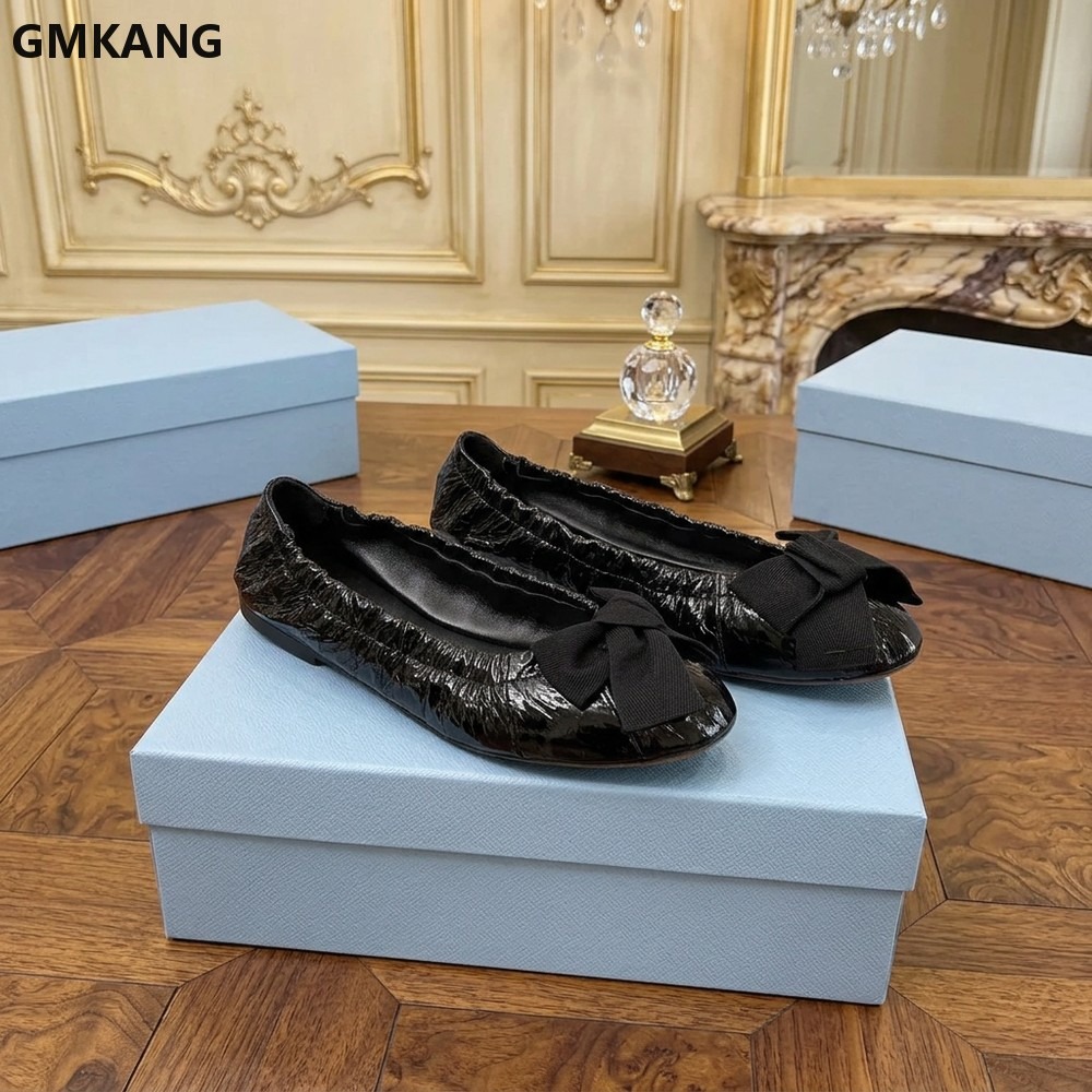 Leather Work Dress - Women's Ballet Flats Bow Pleated Casual