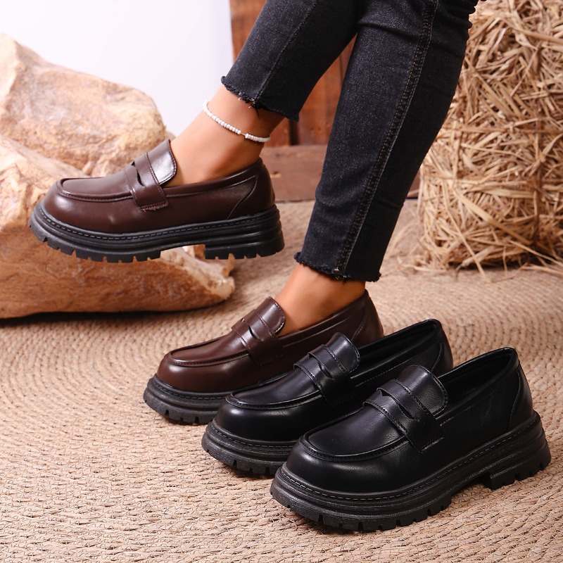 Leather Work Dress - Women's Brown Leather Loafers with Chunky
