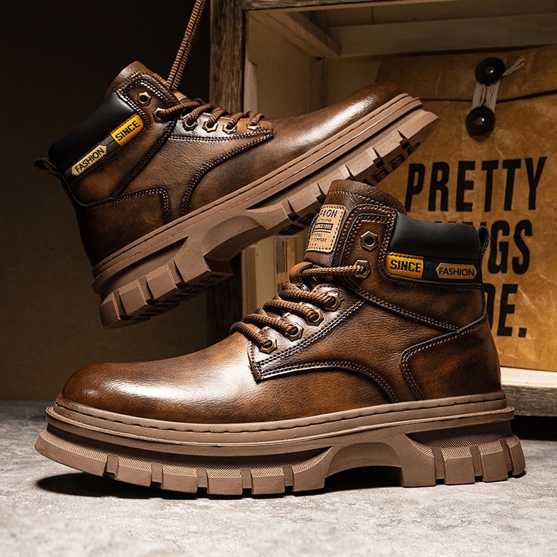 Leather Work Boots - Vintage Men Platform Ankle Boots Autumn