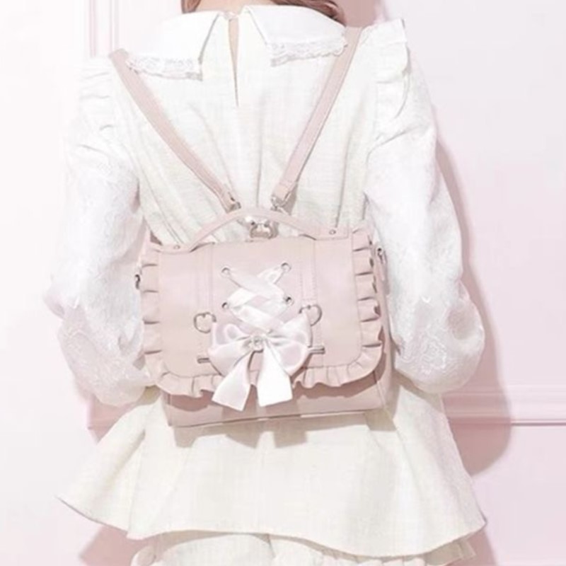Leather Work Backpack - Sweet Bow Pink Mochila Women Fairyocre
