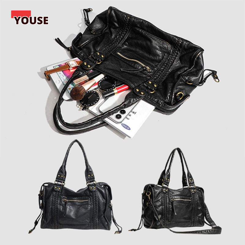 Leatherwork Rivets - ​​Braided Trim Black Leather Tote Bag
